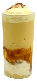 Tall glass of layered iced coffee with whipped cream on top and caramel drizzle.