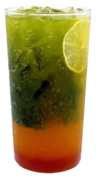 Layered cocktail with green top, orange middle, red bottom, ice, and a lime wedge garnish.