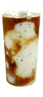 Caramel-swirl vanilla milkshake in a tall glass topped with whipped cream.